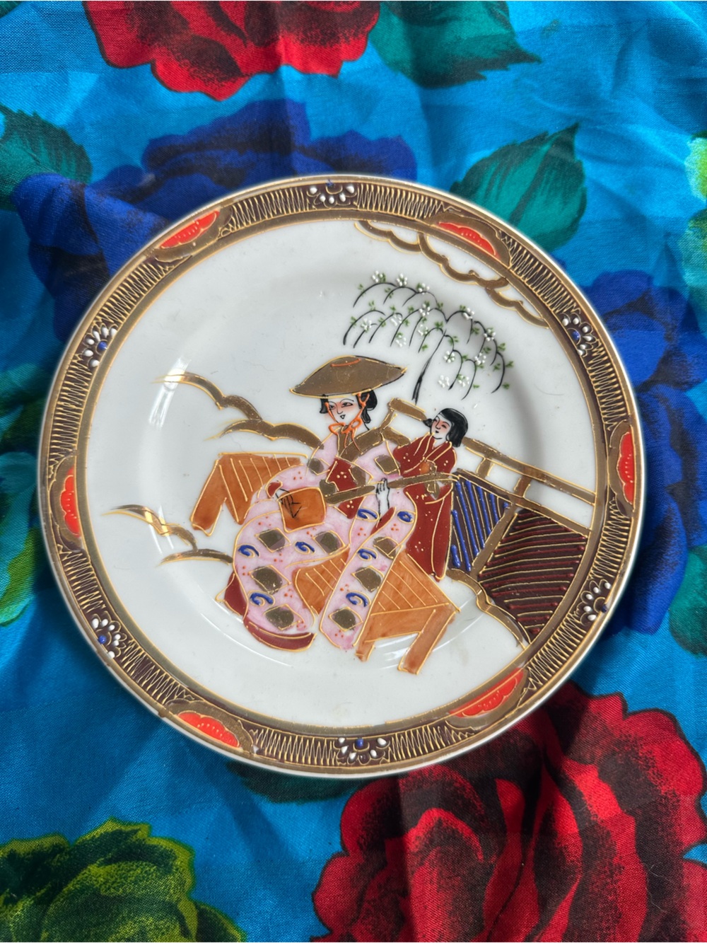 Decorative Vintage Asian Motif Porcelain Plate - Pink & Gold Accents